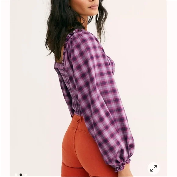 Free People Cherry Bomb Plaid Top Balloon Sleeve - Picture 2 of 10